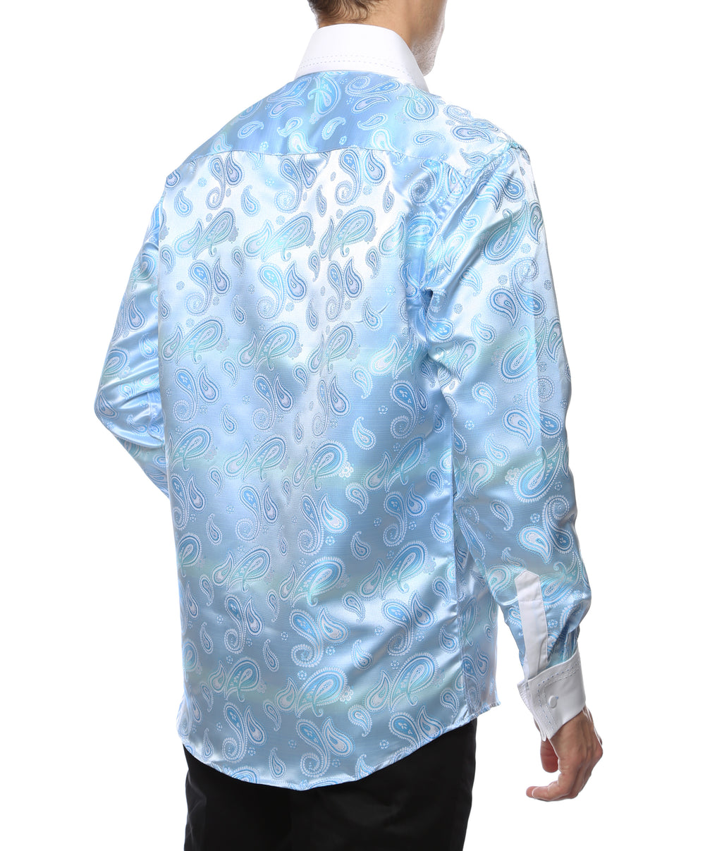 Ferrecci Hi-1025 men's turquoise paisley satin dress shirt with high collar and French cuffs