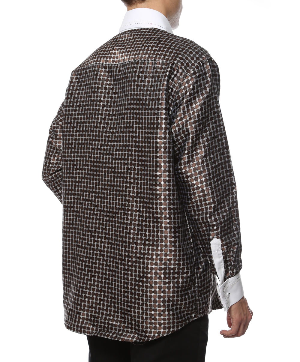 Ferrecci Hi-1022 men's brown circle print satin dress shirt with high collar and French cuffs