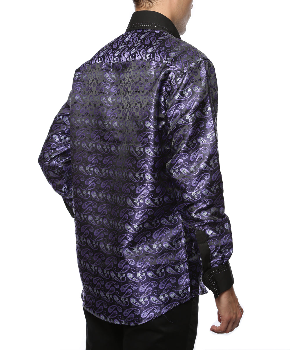 Ferrecci Hi-1013 men's purple & black floral satin dress shirt with high collar and French cuffs