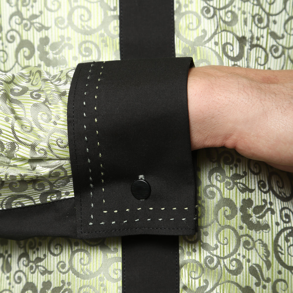 Ferrecci Hi-1008 men's green baroque scroll satin dress shirt with high collar and French cuffs