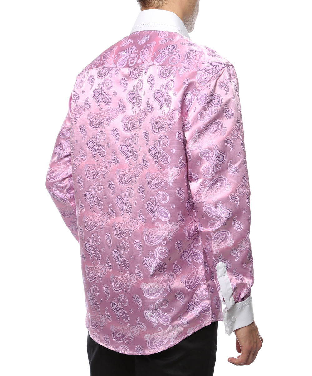 Ferrecci Hi-1030 men's pink paisley satin dress shirt with high collar and French cuffs