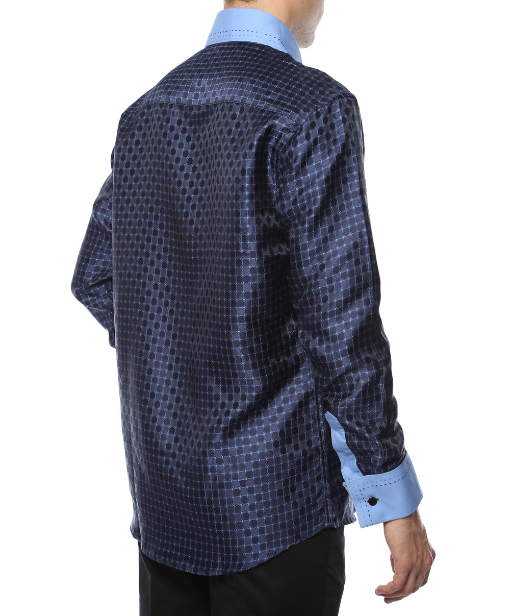 Ferrecci Hi-1011 men's blue circle print satin dress shirt with high collar and French cuffs