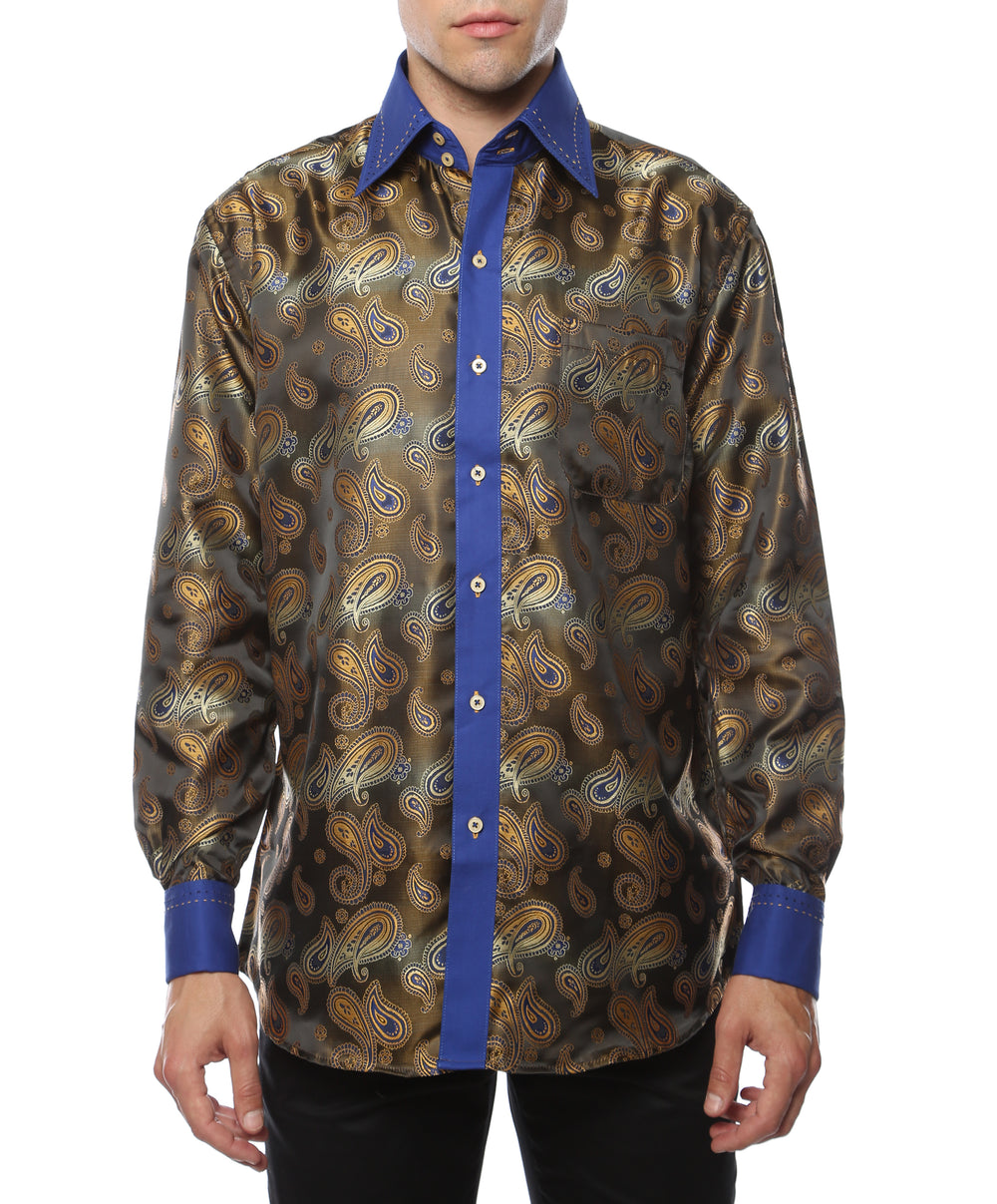 Ferrecci Hi-1019 men's blue & gold paisley satin dress shirt with high collar and French cuffs