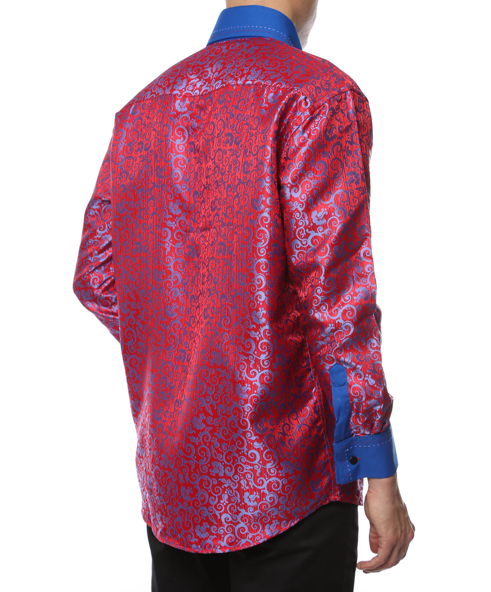 Ferrecci Hi-1017 men's red & blue baroque scroll satin dress shirt with high collar and French cuffs