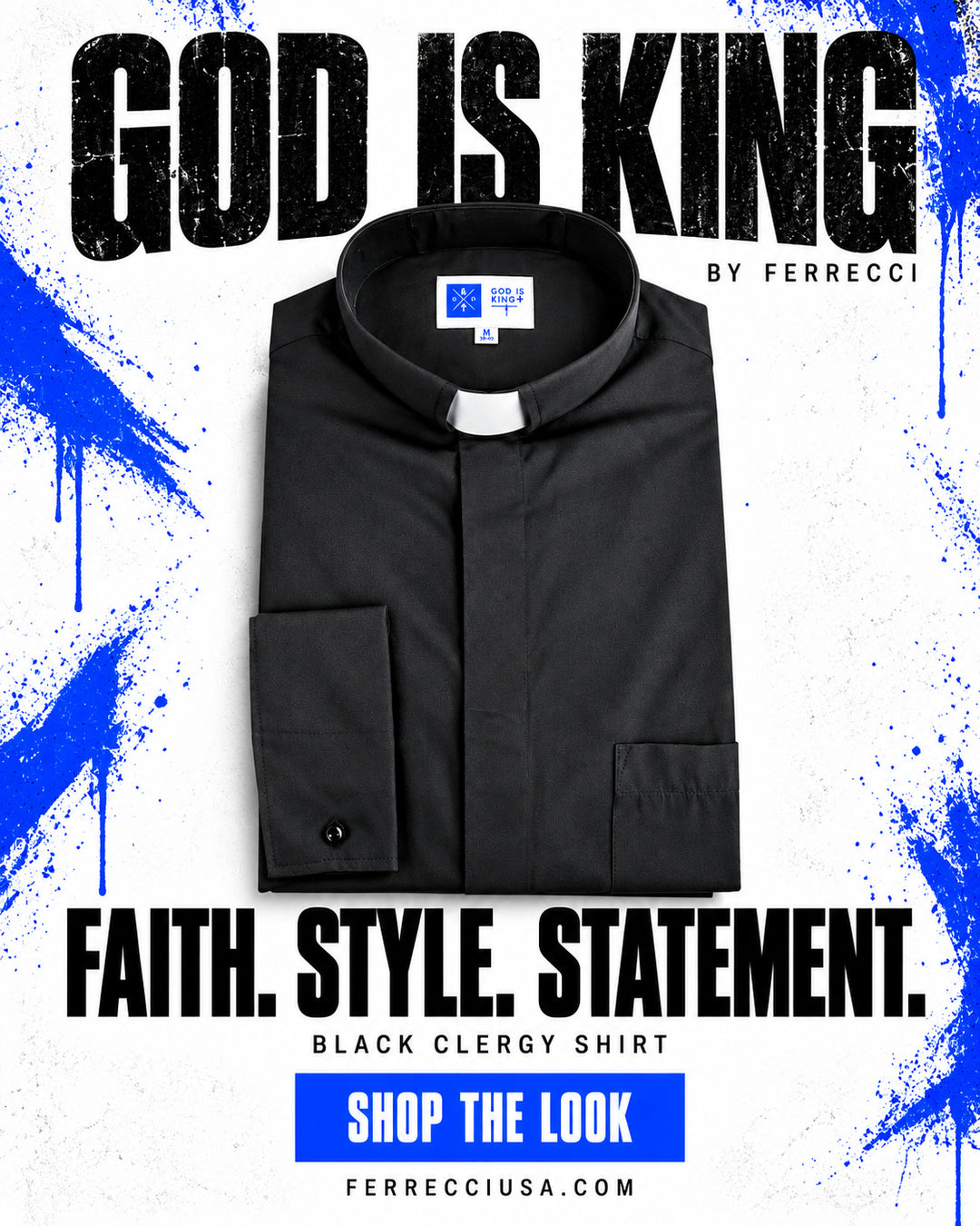 God Is King by Ferrecci black clergy shirt with white tab collar - Faith. Style. Statement.