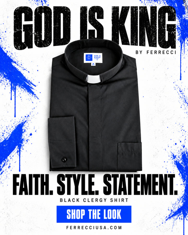 God Is King by Ferrecci black clergy shirt with white tab collar - Faith. Style. Statement.