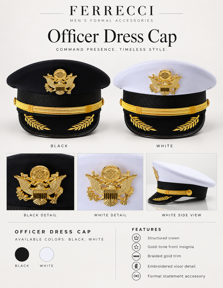Ferrecci officer dress cap in black and white – detail views and features – structured crown, gold insignia, braided trim, embroidered visor