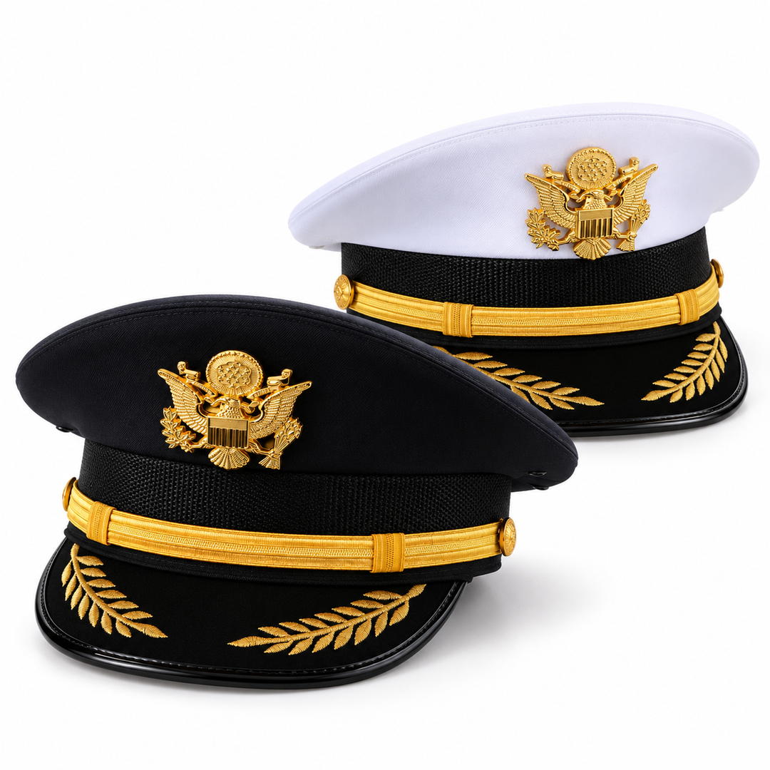 Ferrecci black and white captain hats – officer dress caps with gold eagle crest, braided band and embroidered laurel visor