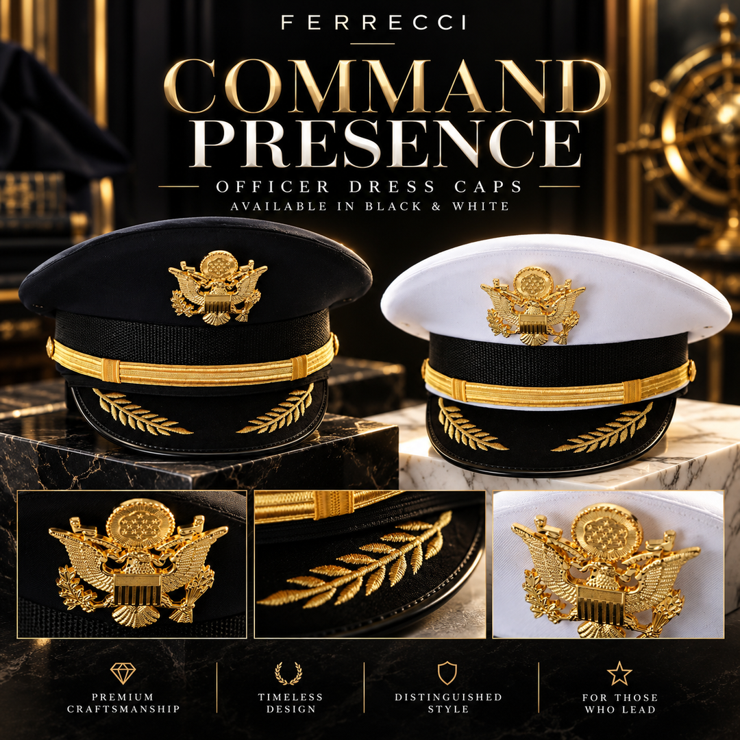 Ferrecci officer dress caps in black and white – Command Presence – premium craftsmanship, embroidery and insignia details