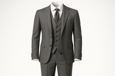 make a picture of a mens three pcs suit in grey color 