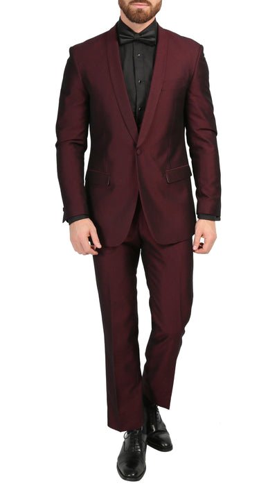 Mens Daxson Burgundy Slim Fit Shawl Collar 3pc Tuxedo - Ferrecci USA 