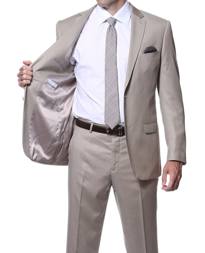 Parker 2 Piece Slim Fit Tan Striped Tone on Tone Wool Suit - Ferrecci USA 