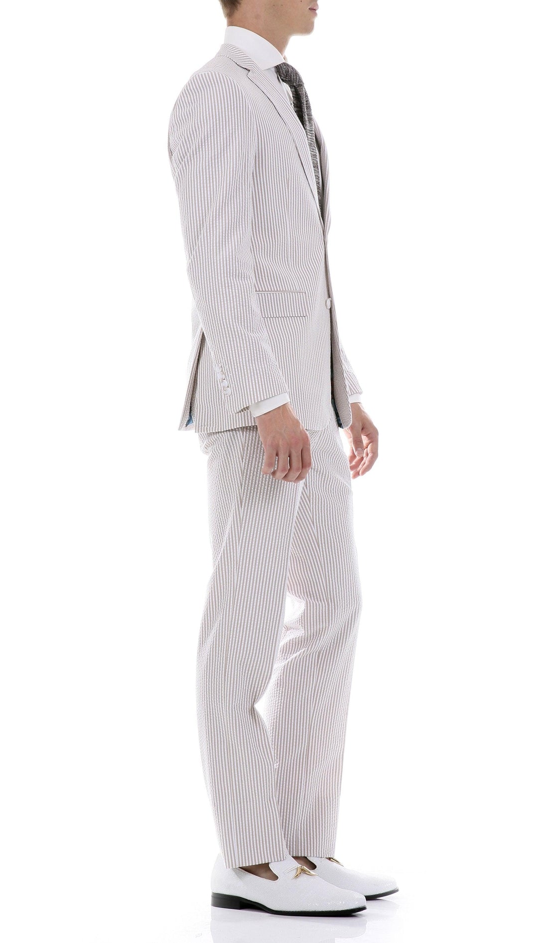 Premium Comfort Cotton Slim Fit Tan Seersucker 2 Piece Suit - Ferrecci USA 