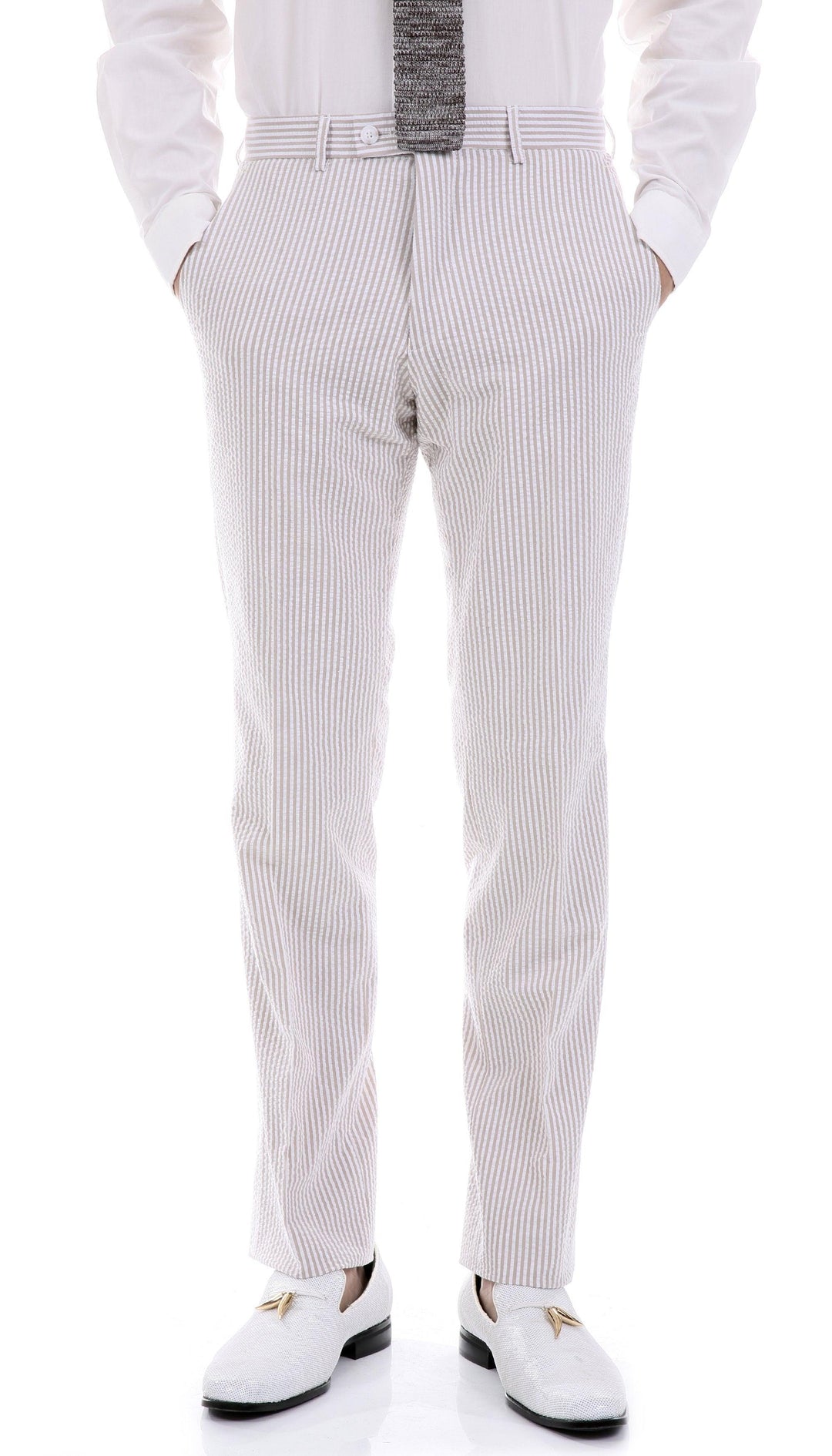 Premium Comfort Cotton Slim Fit Tan Seersucker 2 Piece Suit - Ferrecci USA 