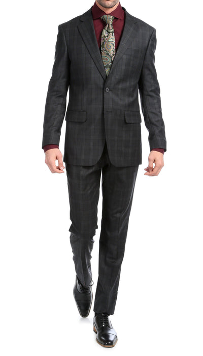 Yves Black Plaid Check Men's Premium 2 Piece Wool Slim Fit Suit - Ferrecci USA 