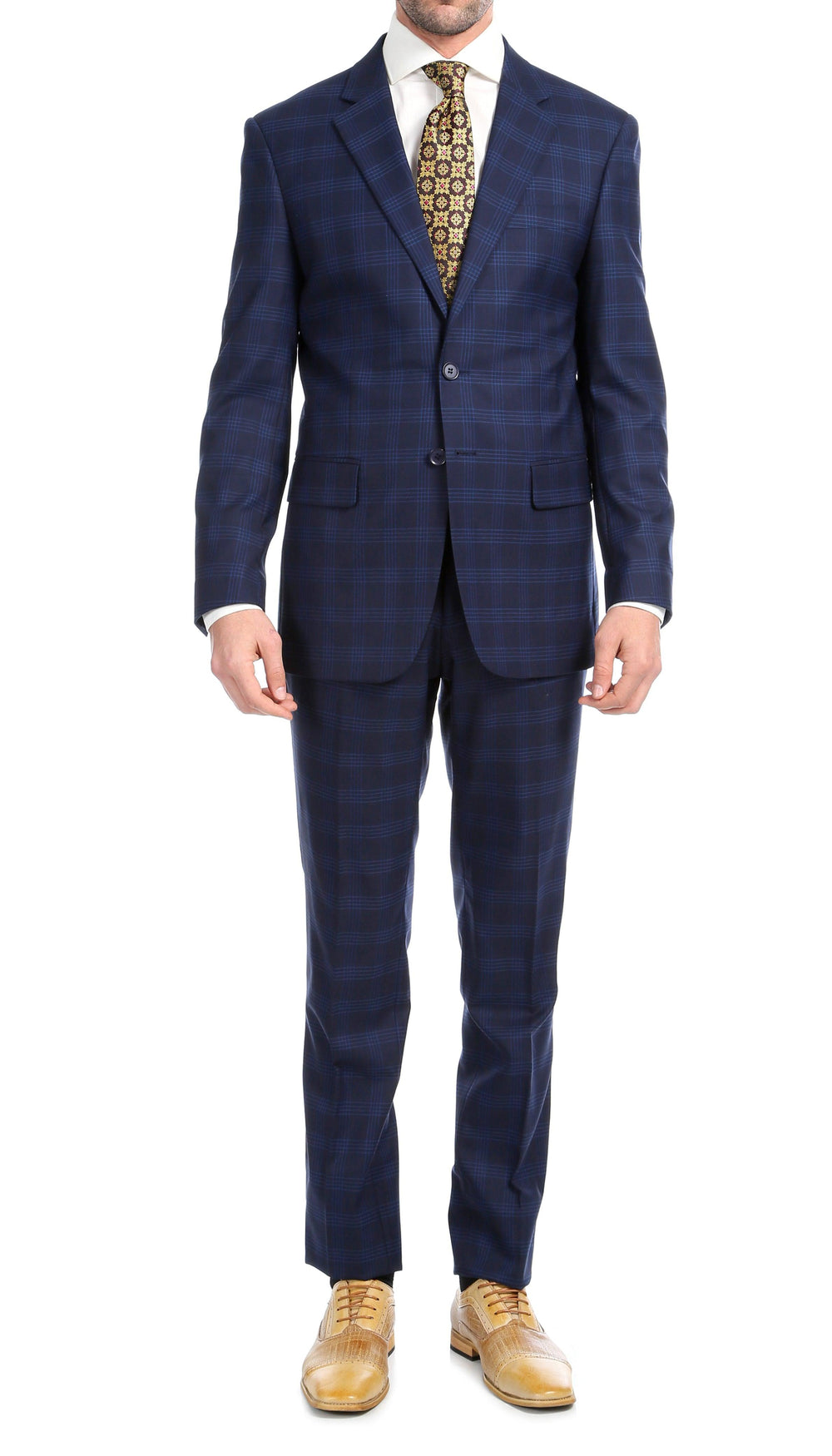 Yves Navy Blue Plaid Check Men's Premium 2pc Premium Wool Slim Fit Suit - Ferrecci USA 