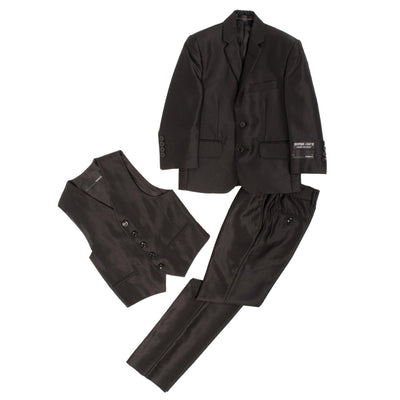 Boys Black Shiny Sharkskin Oxford 3pc Vested Suit - Ferrecci USA 