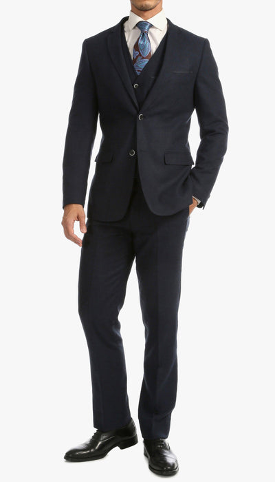 Bradford Navy Tweed With Slim Fit Suit With Five Button Vest - Ferrecci USA 
