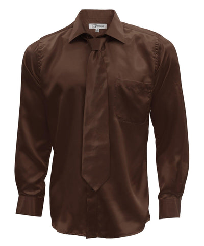 Brown Satin Mens Regular Fit Shirt, Tie & Hanky Set - Ferrecci USA 