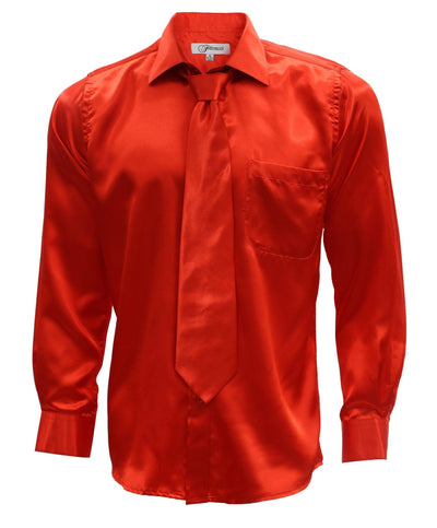 Burnt Red Satin Men's Regular Fit French Cuff Shirt, Tie & Hanky Set - Ferrecci USA 