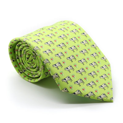 Cow Lime Green Necktie with Handkerchief Set - Ferrecci USA 