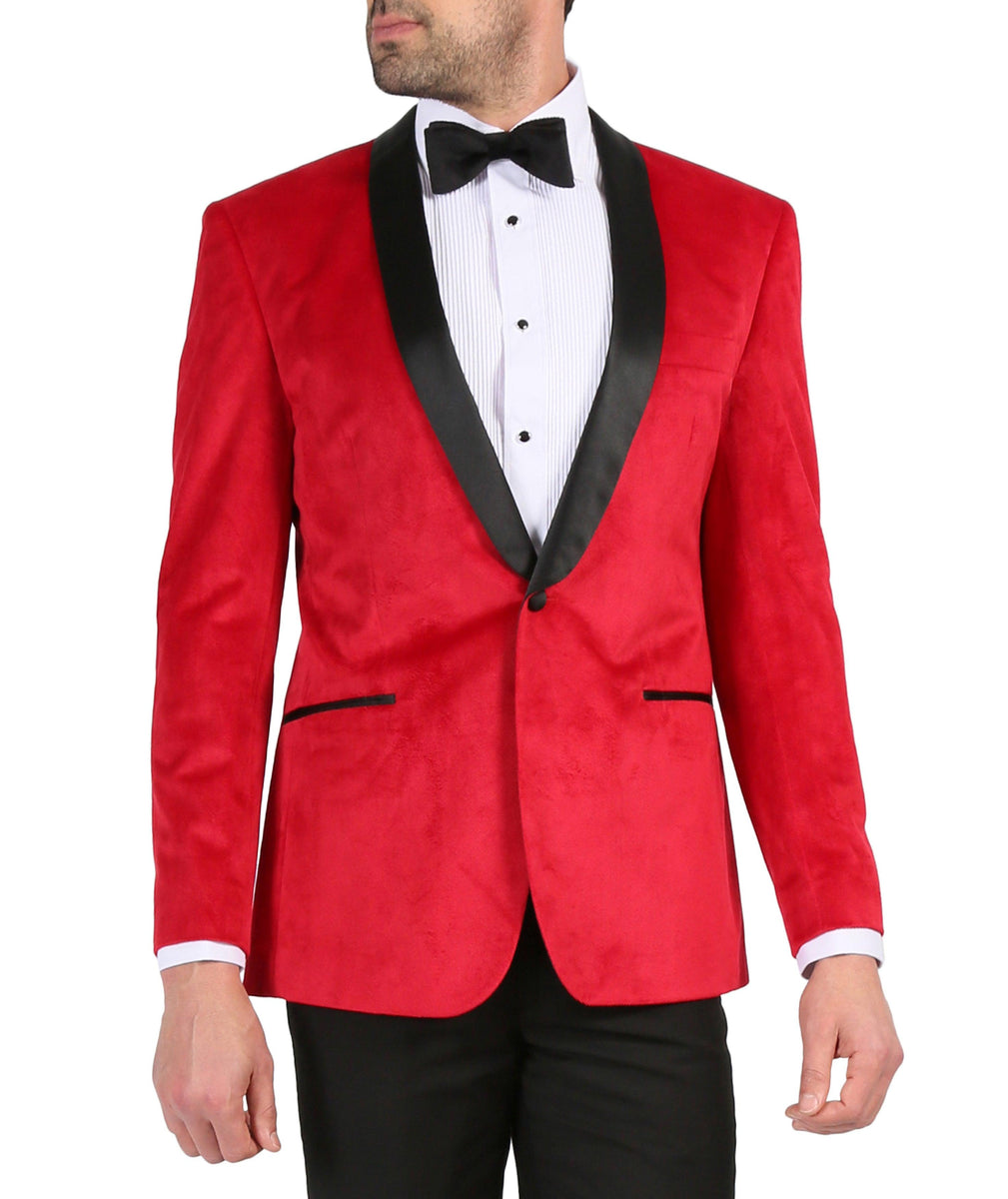 Enzo Red Slim Fit Velvet Shawl Tuxedo Blazer