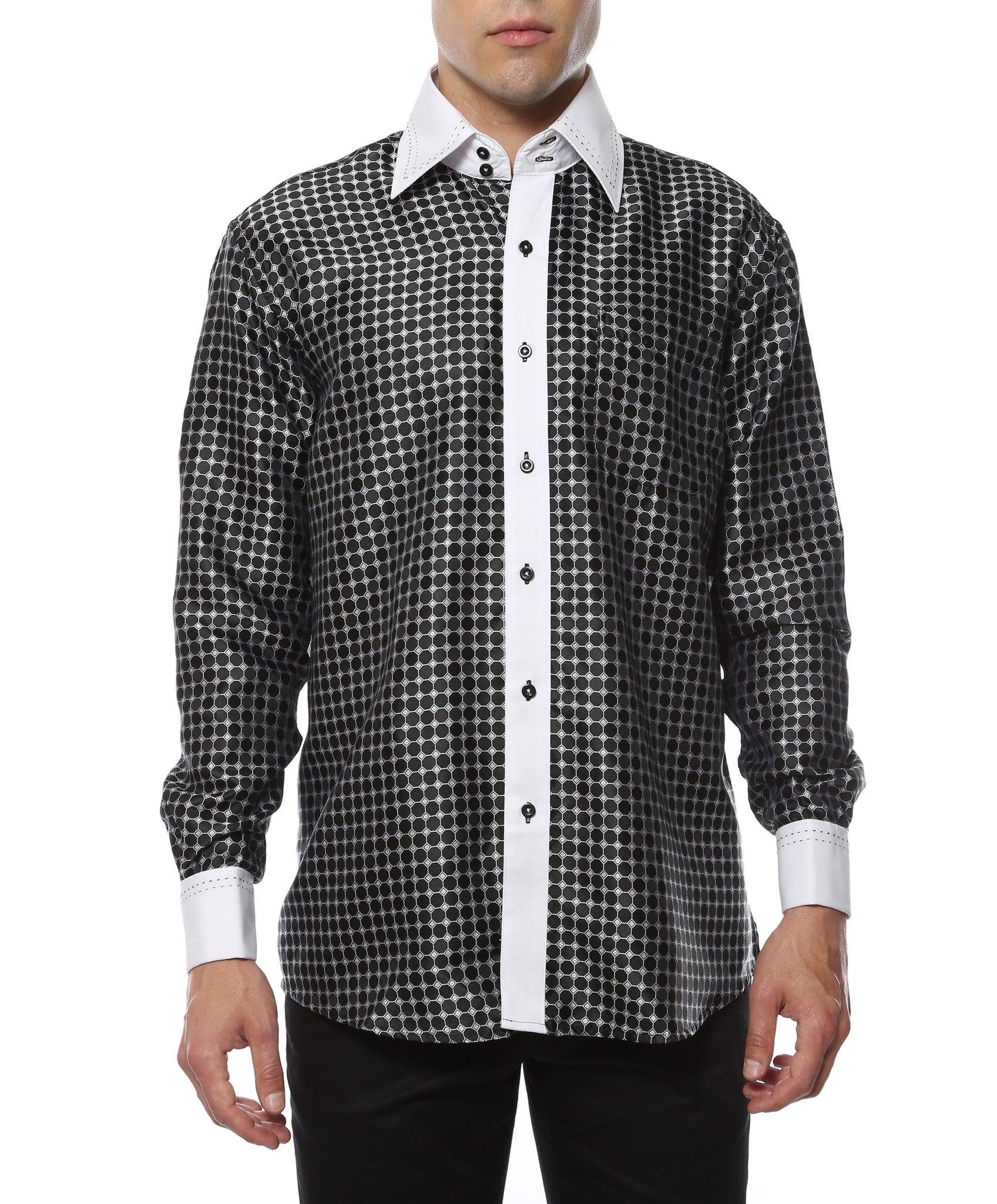 Ferrecci Men's Satine Hi-1005 Black Circle Pattern Button Down Dress Shirt