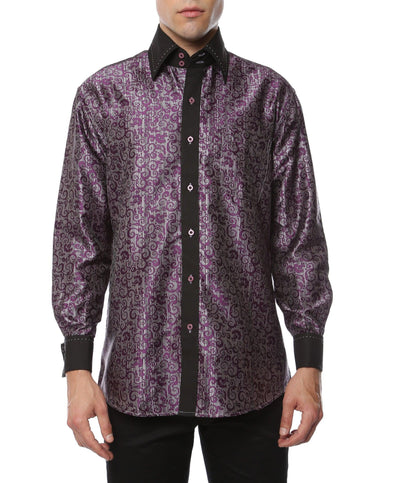Ferrecci Men's Satine Hi-1007 Purple Pattern Button Down Dress Shirt - Ferrecci USA 