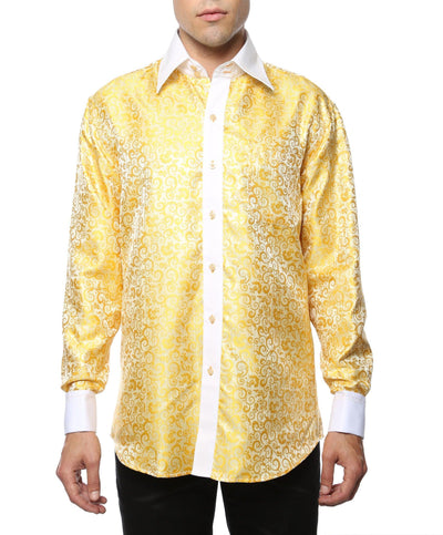 Ferrecci Men's Satine Hi-1026 Yellow Pattern Button Down Dress Shirt - Ferrecci USA 