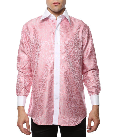 Ferrecci Men's Satine Hi-1027 Pink Pattern Button Down Dress Shirt - Ferrecci USA 