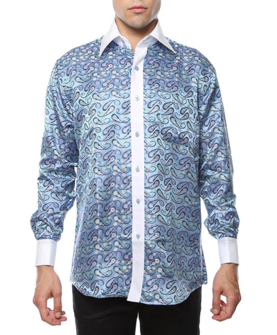 Ferrecci Men's Satine Hi-1029 White & Blue Flower Pattern Button Down Dress Shirt - Ferrecci USA 