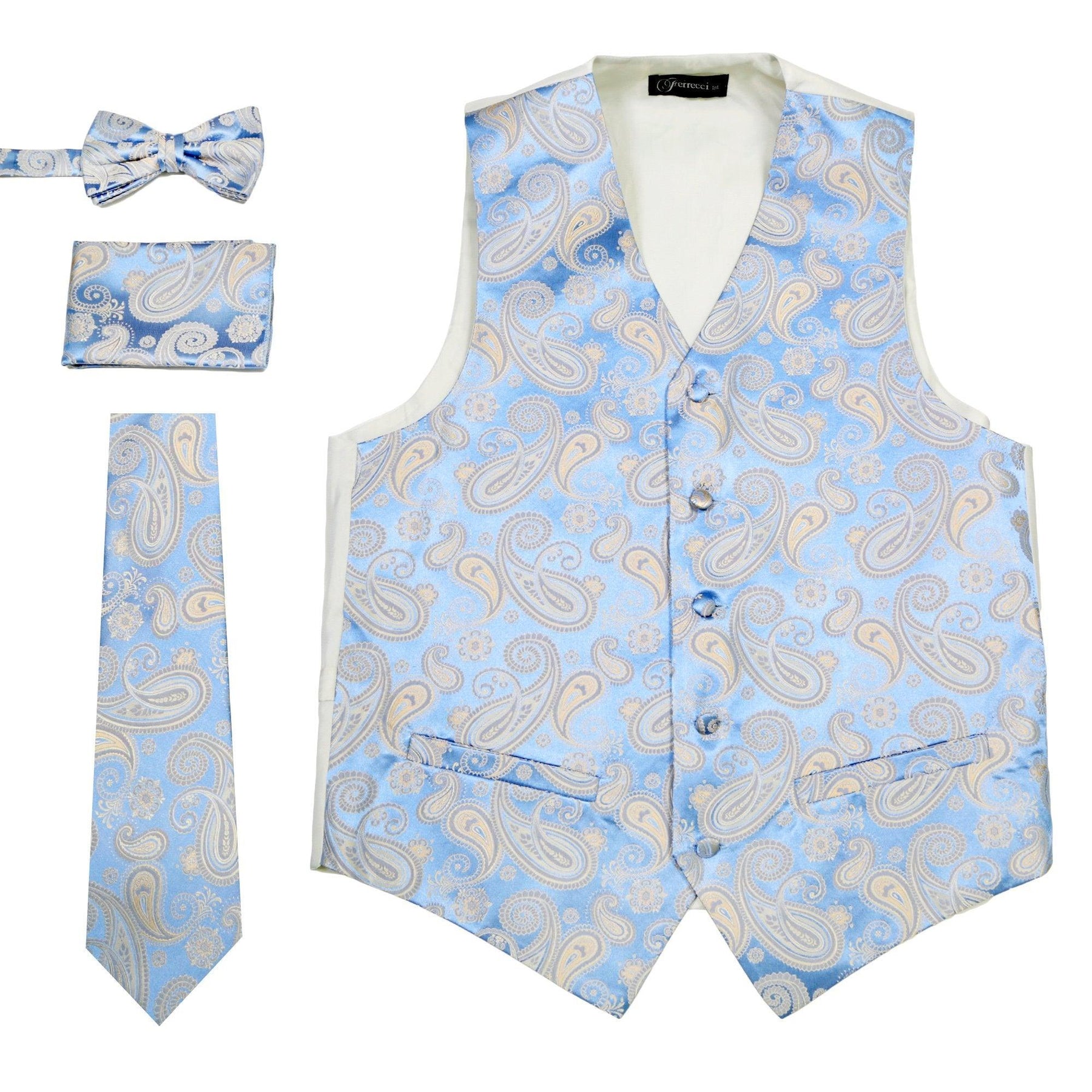 Ferrecci Mens Blue/OffWhite Paisley Wedding Prom Grad Choir Band 4pc Vest Set