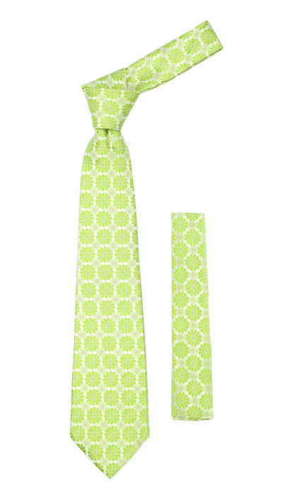 Floral Lime Green Necktie with Handkderchief Set - Ferrecci USA 