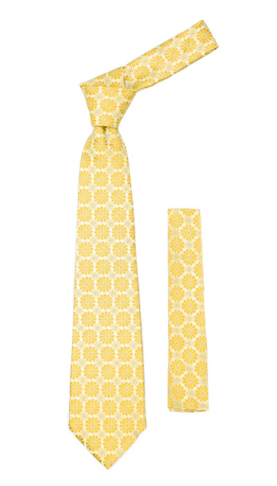 Floral Yellow Necktie with Handkderchief Set - Ferrecci USA 