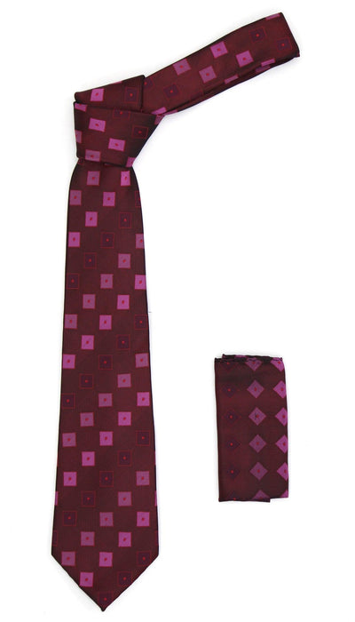 Geometric Berry Red Necktie w. Dotted Squares Hanky Set - Ferrecci USA 
