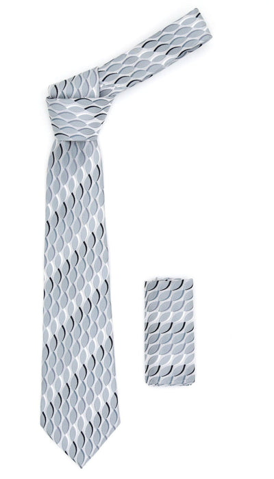 Geometric Light Grey Necktie w. Swirl Design Hanky Set - Ferrecci USA 