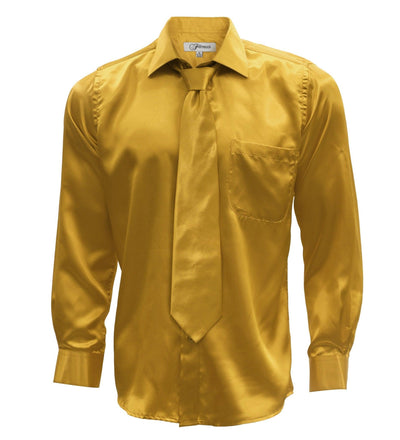 Gold Satin Regular Fit French Cuff Dress Shirt, Tie & Hanky Set - Ferrecci USA 