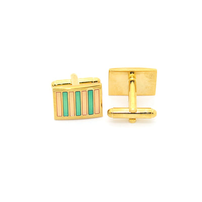Goldtone Mint & Pink Stripe Cuff Links With Jewelry Box - Ferrecci USA 