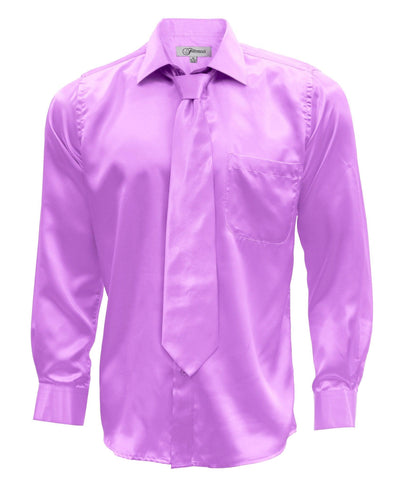 Lavender Satin Men's Regular Fit French Cuff Shirt, Tie & Hanky Set - Ferrecci USA 