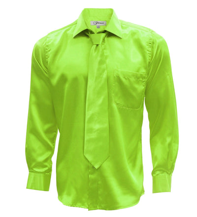 Lime Green Satin Regular Fit French Cuff Dress Shirt, Tie & Hanky Set - Ferrecci USA 