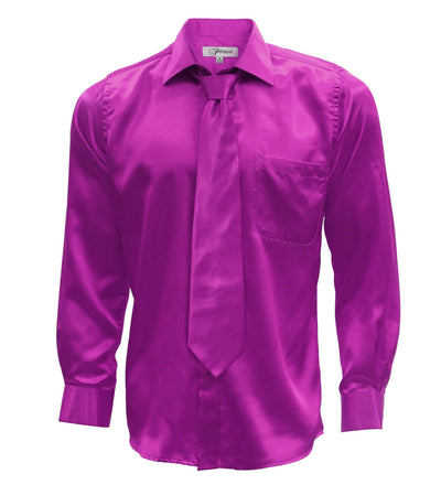 Magenta Satin Regular Fit Dress Shirt, Tie & Hanky Set - Ferrecci USA 
