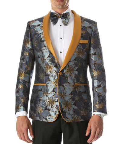 Men's Blue Hugo Floral Modern Fit Shawl Collar Tuxedo Blazer - Ferrecci USA 