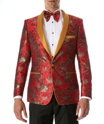 Men's Hugo Red Floral Modern Fit Shawl Collar Tuxedo Blazer - Ferrecci USA 