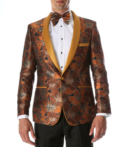 Men's Hugo Rust Floral Modern Fit Shawl Collar Tuxedo Blazer - Ferrecci USA 