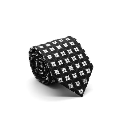 Mens Dads Classic Black Geometric Pattern Business Casual Necktie & Hanky Set I-1 - Ferrecci USA 