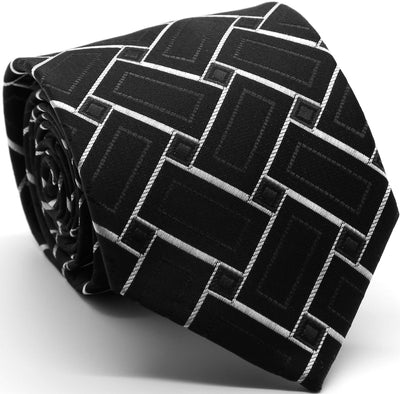 Mens Dads Classic Black Geometric Pattern Business Casual Necktie & Hanky Set Z-9 - Ferrecci USA 
