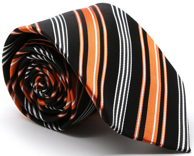Mens Dads Classic Black Orange Striped Pattern Business Casual Necktie & Hanky Set D-4 - Ferrecci USA 