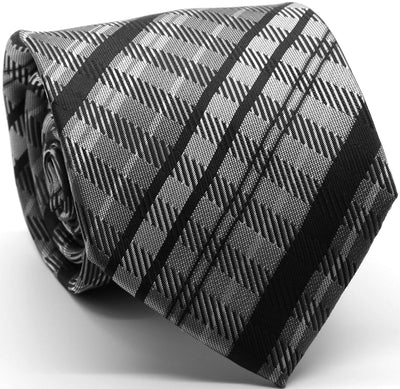 Mens Dads Classic Black Striped Pattern Business Casual Necktie & Hanky Set VO - Ferrecci USA 