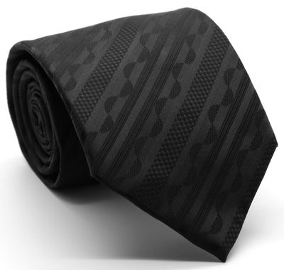 Mens Dads Classic Black Striped Pattern Business Casual Necktie & Hanky Set X-3 - Ferrecci USA 