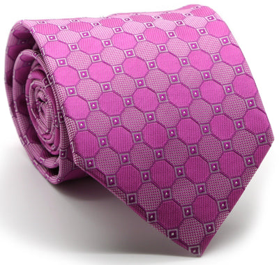 Mens Dads Classic Fuchasia Geometric Pattern Business Casual Necktie & Hanky Set W-2 - Ferrecci USA 